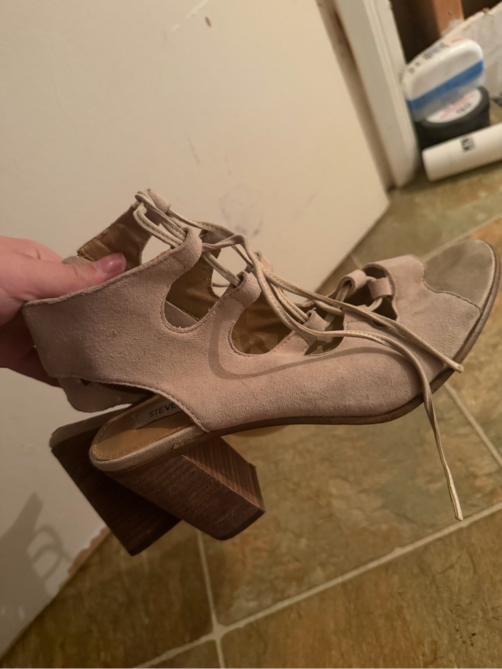 Steve Madden Taupe Suede Lace-Up Block Heel Sandals